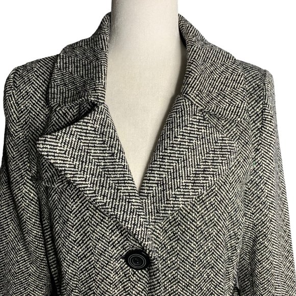 Vintage 90s Last Kiss Wool Blend Over Coat XL Black White Lined Pockets Buttons - Picture 2 of 6